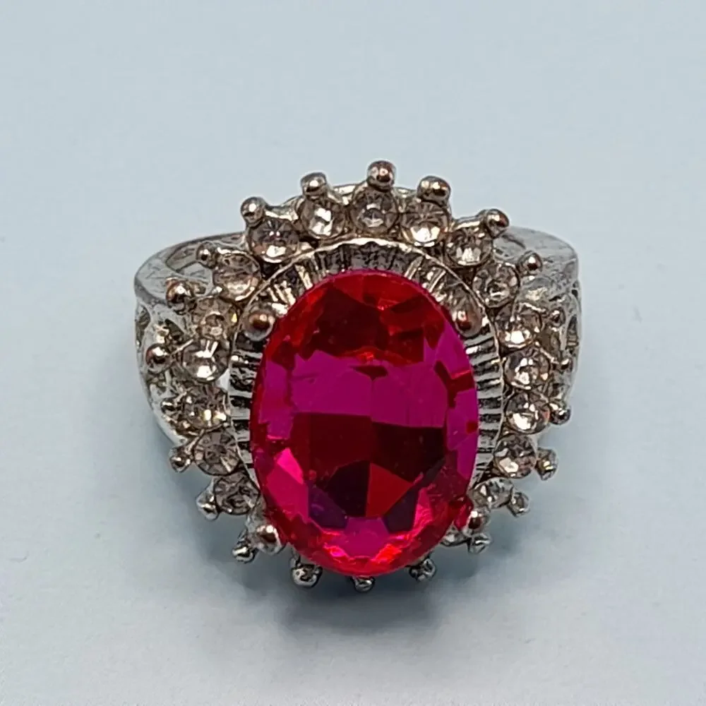 Vintage Pink Glass Cocktail Ring, Size 6.25, Clear Rhinestones, Silver Tone